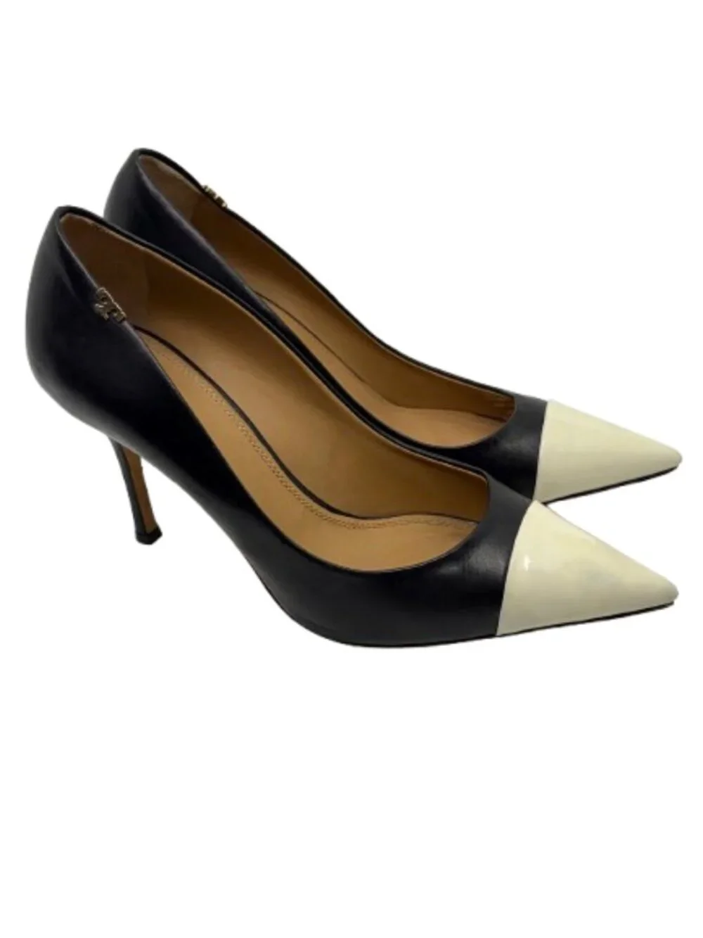 TORY BURCH~Penelope 85mm Cap-Toe Pumps - Black & Ivory Calf Leather Size 7.5